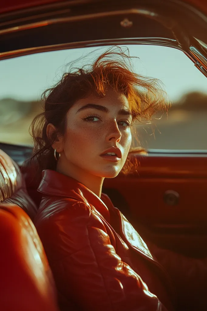 A young woman with freckled skin and auburn hair sits in a red car, bathed in the warm glow of the setting sun. She wears a leather jacket, her face turned towards the camera, her gaze intense. Her hand rests on the car seat, while her hair flows in the breeze. The image captures a moment of quiet confidence and a hint of mystery.
