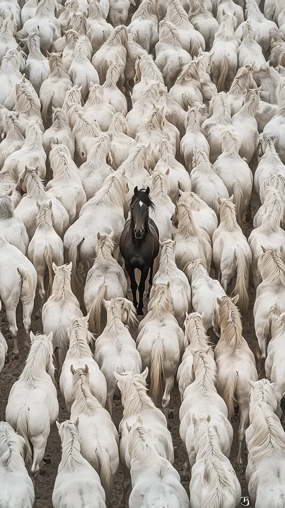 A lone black horse stands out amidst a vast herd of white horses. The black horse's dark coat contrasts sharply with the snowy white of its companions, creating a striking visual effect. The horses are packed tightly together, their tails swishing gently in the breeze, as they stand patiently in a field. The scene is both beautiful and peaceful, and it highlights the stark difference between the black horse and the white horses.