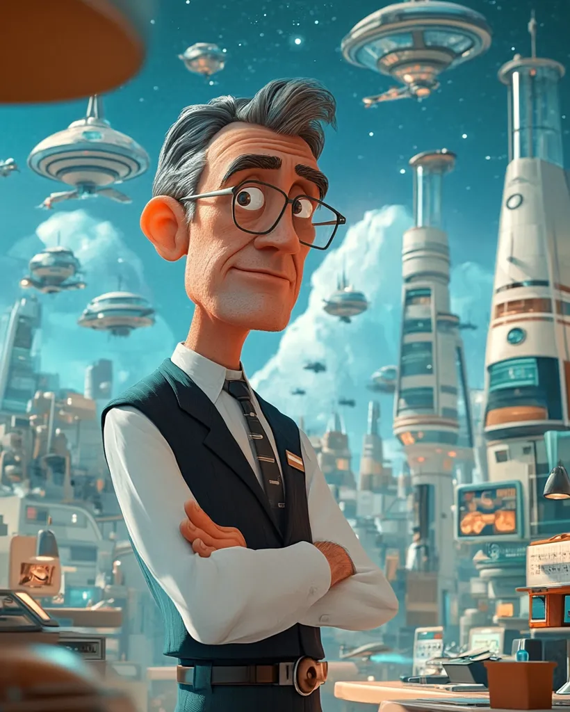 The image shows a cartoon man wearing a suit and tie, standing with his arms crossed in front of a futuristic cityscape. He has a serious expression on his face and is looking towards the right of the image. In the background are tall buildings with windows, some with flying vehicles hovering in the air. The scene is vibrant and detailed, with a mix of realistic and cartoon elements. The sky is a bright blue with white clouds and stars visible. The man's presence suggests a sense of authority and importance within this futuristic world.