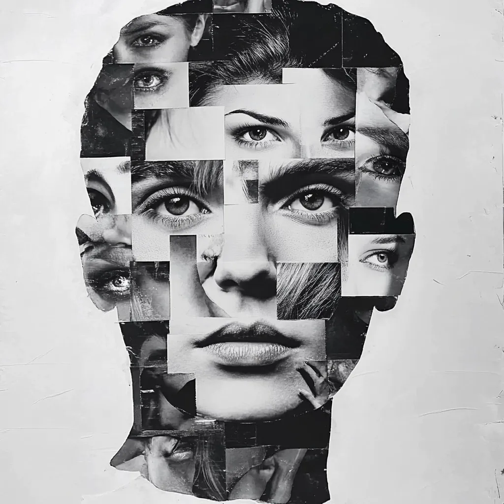 A black and white collage of a woman's face. The image is created with various pieces of photographs, mostly focusing on the eyes and lips. The eyes are prominent and create a sense of depth and mystery, while the lips are slightly parted and hint at a story waiting to be told. The overall effect is one of fragmented beauty and a sense of hidden identity.