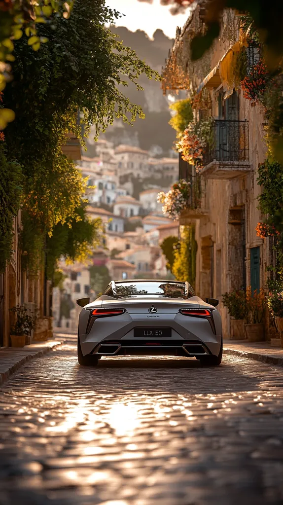 A silver Lexus Lx 500 is parked in the middle of a cobblestone street in a European town. The street is lined with old buildings and lush green trees. The sun shines brightly through the trees, casting a warm glow on the scene. The car is facing away from the viewer, its rear end visible.  The scene is one of luxury and tranquility.