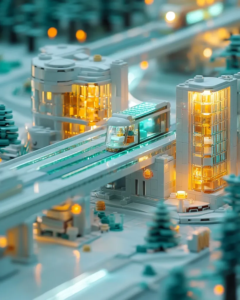 A miniature city built from Lego bricks with a futuristic theme. The city features a glass-paneled skyscraper with warm yellow lights, a sleek elevated train track with a small train, and several trees made of Lego blocks. The scene is bathed in a cool, bluish light, creating a sense of futuristic elegance.