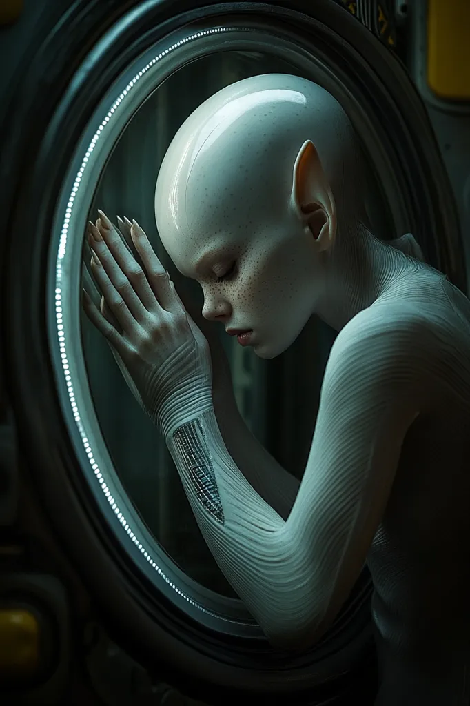 The image depicts a close-up of a pale, androgynous figure with pointed ears, seen through a circular, illuminated opening. The figure has a smooth, almost plastic-like skin, and their hands are clasped together in a gesture of prayer or contemplation. The figure's head is bowed, and their eyes are closed, suggesting a state of deep thought or emotion. The lighting is dramatic and moody, casting shadows around the figure. The overall impression is one of mystery and intrigue, with a hint of the otherworldly.