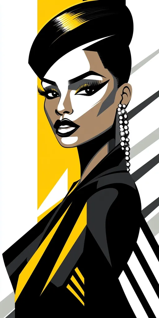 The image is a stylized portrait of a woman with dark skin, black hair and bold makeup. She is wearing a black jacket with yellow accents and a pair of long, beaded earrings. The background is a black, white and yellow geometric pattern. The image is bold and graphic, with strong lines and contrasting colors.  The woman’s expression is confident and alluring.