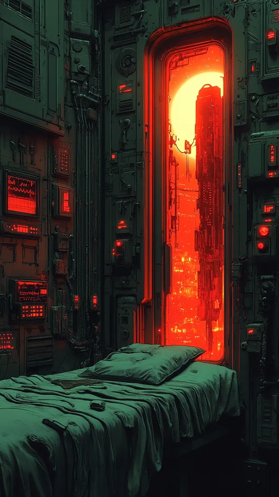 The image depicts a futuristic bedroom with a large window looking out onto a red-hued cityscape. The room is adorned with numerous electronic panels and switches, suggesting a technologically advanced setting. A bed with green sheets sits in the foreground, contrasting with the bright red glow from the window. The scene creates a sense of mystery and wonder, hinting at an unknown world beyond the window.