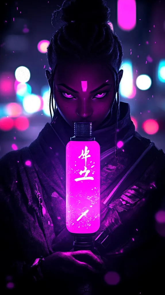 A woman with dark hair and a serious expression holds a glowing pink bottle with Japanese characters in a dark, urban setting. The bottle casts a pink glow on her face and the background, which is filled with out-of-focus lights. She appears to be a powerful and mysterious figure. The image has a cyberpunk aesthetic with its neon lights and futuristic vibe.