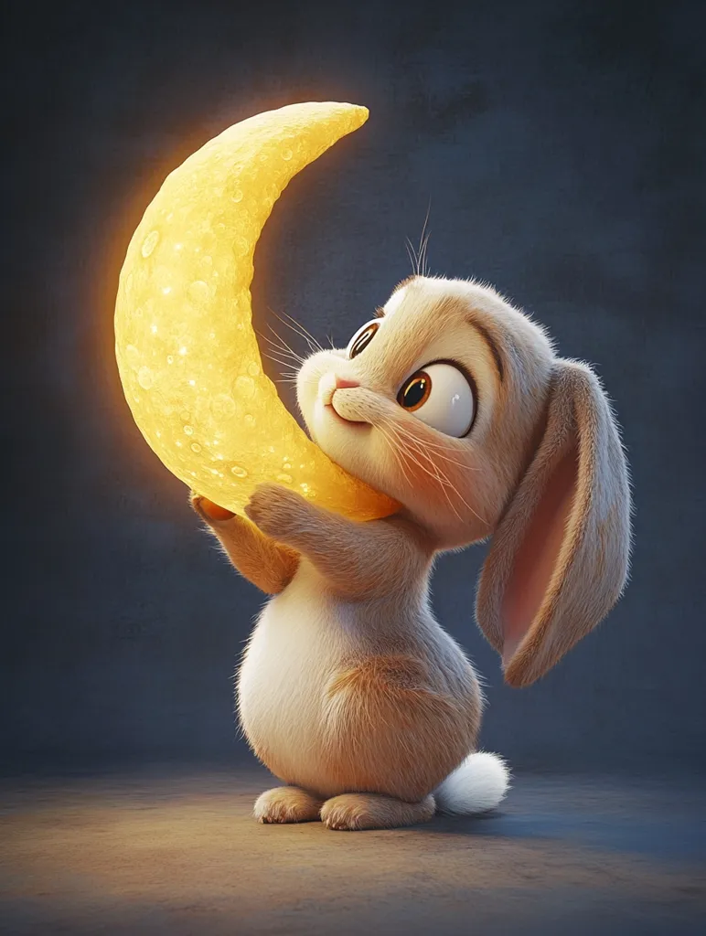 A cute cartoon bunny is holding a crescent moon in its paws. The bunny is looking up at the moon with big, round eyes, and its ears are perked up. The moon is glowing with a warm, yellow light. The bunny's fur is fluffy and white, and its tail is small and fluffy. The background is a soft blue color, and the image is lit with a warm, cozy glow.  The overall image is one of cuteness and innocence.