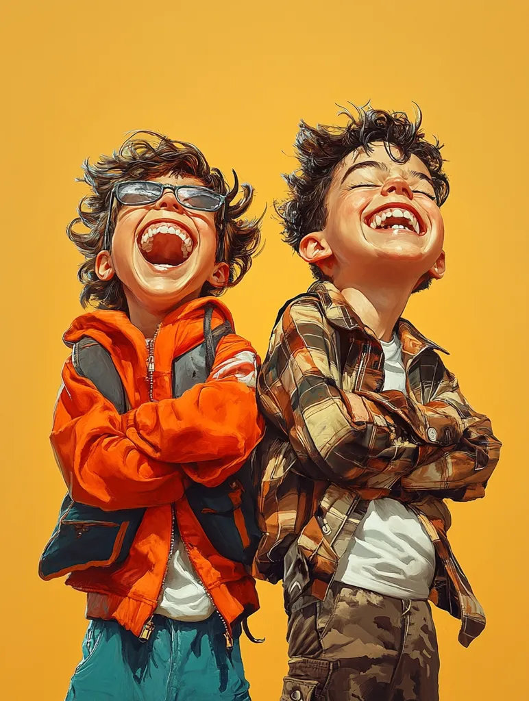 Two boys, one with a bright orange jacket and the other in a plaid shirt, stand against a yellow background, laughing with their mouths wide open. The boy in the orange jacket wears glasses. Both boys have dark hair. They are close together, looking like good friends.  The image captures their shared joy and carefree energy.