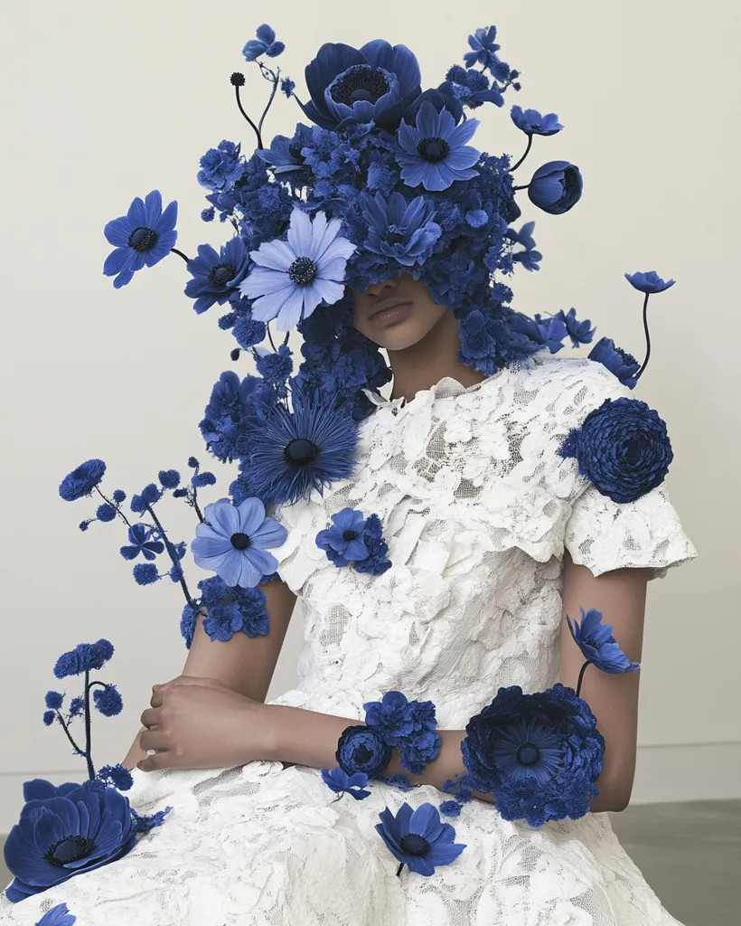 A woman wears a white lace dress with blue flowers cascading from her head to her arms. The flowers partially obscure her face, creating a mysterious and ethereal look. The soft, muted colors and delicate details of the flowers create a sense of elegance and femininity. The image is a captivating study in the beauty of nature and fashion.
