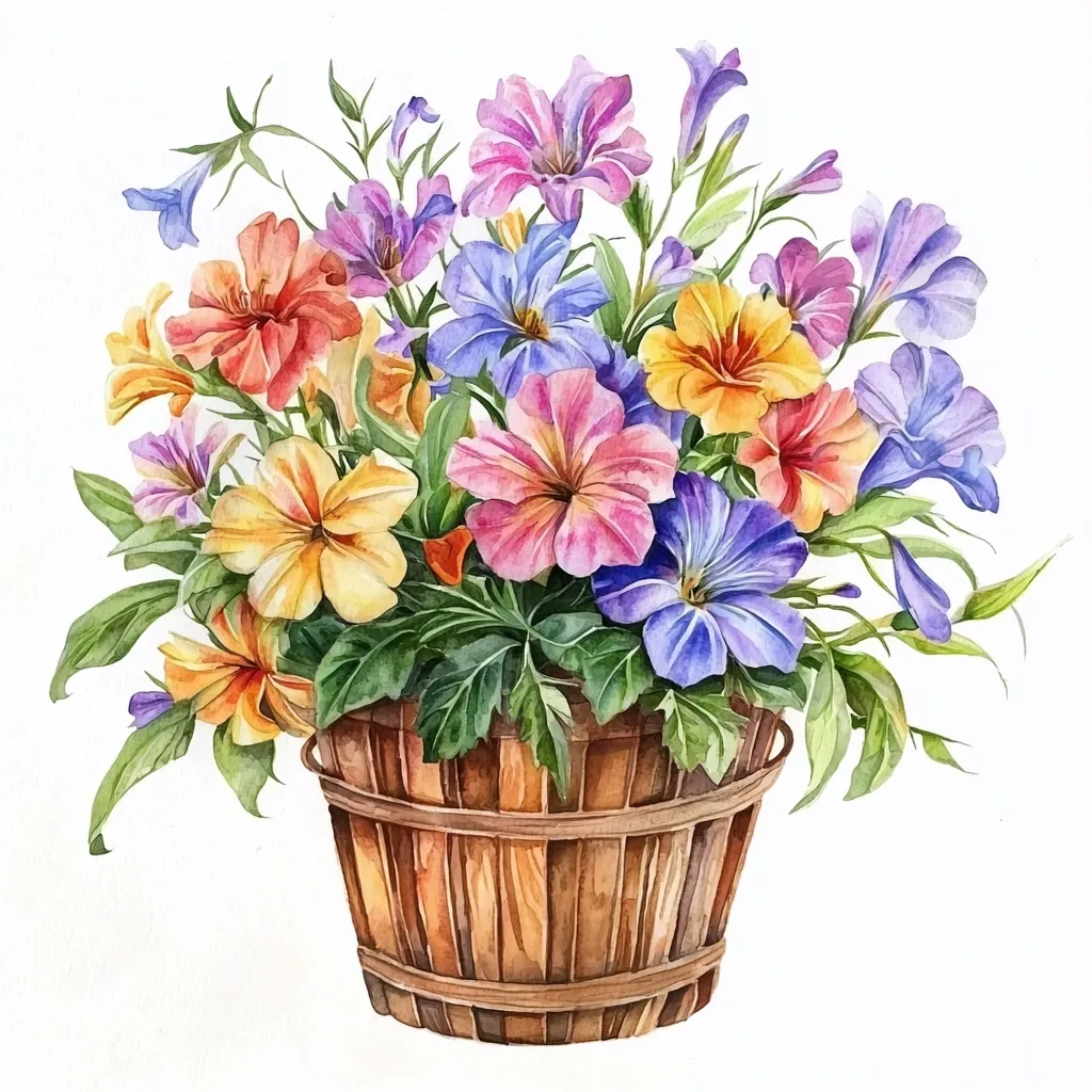 A watercolor painting depicts a wooden basket overflowing with a vibrant bouquet of flowers.  The flowers are in shades of pink, yellow, blue, and purple, creating a cheerful and colorful display. The basket is crafted from natural wood, adding a rustic element to the composition. The image captures the beauty and vibrancy of a summer garden.