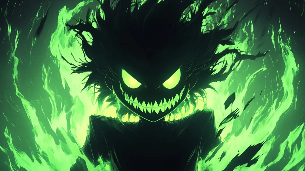 The image depicts a shadowy figure with glowing green eyes and a menacing grin. The figure is surrounded by swirling green flames, creating a sense of danger and power. The silhouette of the figure is obscured by the flames, making it difficult to discern its exact form. The overall composition is dark and dramatic, suggesting a malevolent presence.