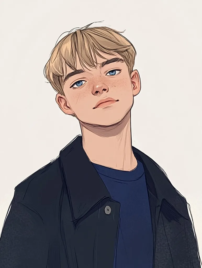 The illustration depicts a young man with light brown hair and blue eyes. He has a slightly mischievous look on his face, suggesting a playful or perhaps slightly cynical personality.  He is wearing a navy blue t-shirt and a dark-colored jacket, giving him a casual, modern appearance. The overall style is realistic and detailed, showcasing the artist's talent in capturing human features and expressions.  The background is a simple white, focusing attention on the subject.
