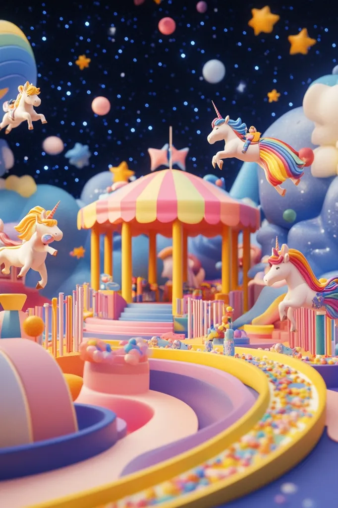 A whimsical and colorful scene with a pastel-colored, candy-themed playground. Three unicorns, one flying, decorate the scene along with candy-like decorations and a striped tent.  The scene is set against a background of a starry night sky with a floating, cloud-like structure. The overall scene feels playful and magical.