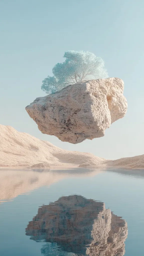 A large, rough-hewn rock formation, seemingly floating in mid-air, rests on a calm, blue body of water. A lone tree with light blue foliage grows from the rock's top, its branches reaching towards the clear, light blue sky. The surrounding landscape is a muted, sandy brown, with a soft, ethereal glow. The image has a surreal, dreamlike quality.
