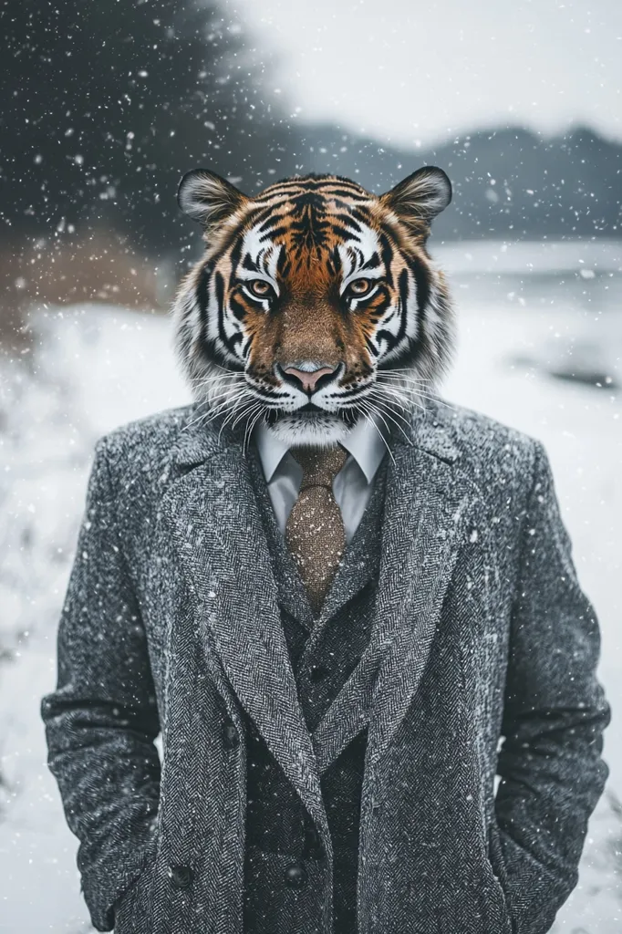 A tiger's head is superimposed on a man in a grey suit. The man is standing in a snowy landscape, with snowflakes falling around him. The tiger's face is serious and intense, and its stripes are clearly visible. The man's suit is well-tailored and sophisticated, creating a striking contrast with the tiger's wildness. The image suggests a juxtaposition between the natural world and the human world, and invites viewers to consider the nature of identity and appearances.  The overall effect is one of intrigue and mystery.