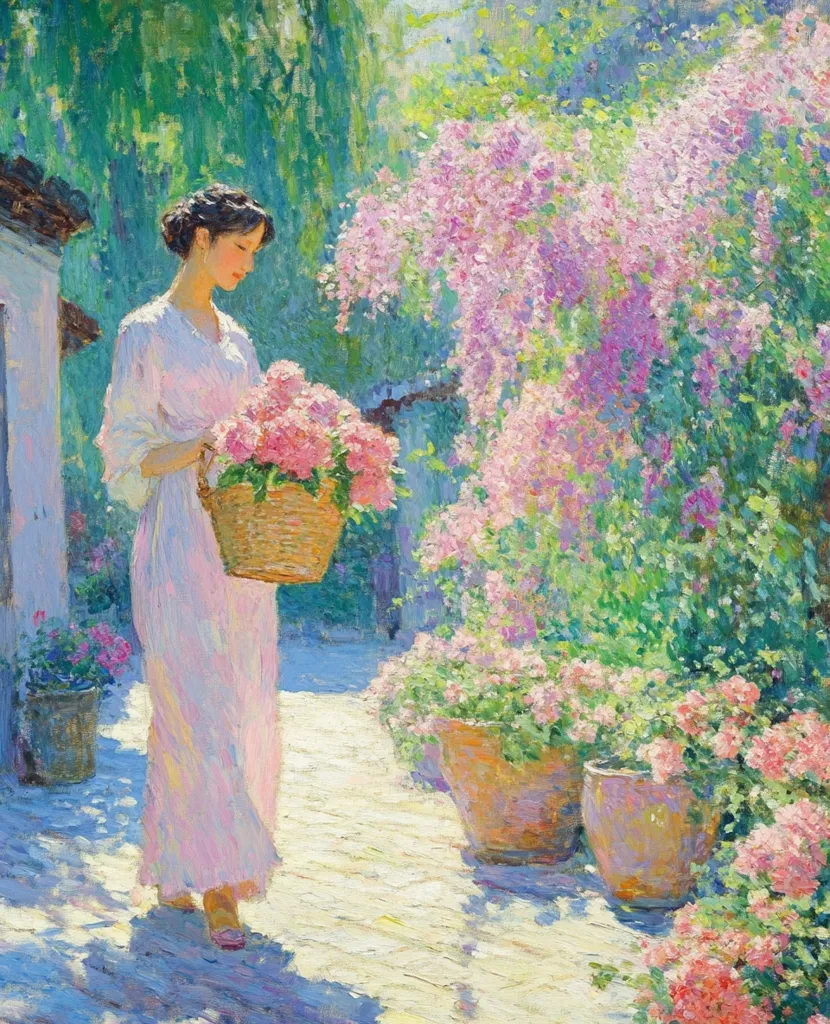 The painting depicts a woman in a pink dress walking through a lush garden. She carries a basket full of pink flowers. The garden is filled with a variety of plants and flowers, including pink hydrangeas, green foliage, and vibrant blooms. The overall scene is bright and cheerful, capturing the beauty of a summer day.