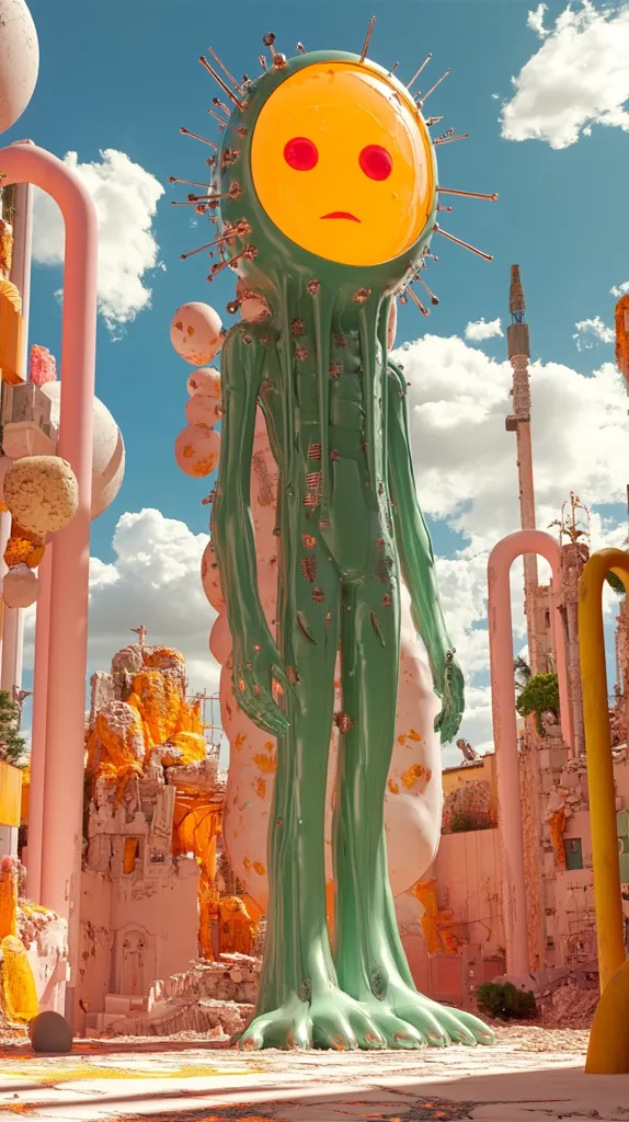 A green, humanoid sculpture with a large yellow head stands amidst a surreal, abstract landscape. The sculpture has a sad, human-like face, and is composed of smooth, shiny material. The background features pastel-colored structures, some appearing to be ruins. The overall scene evokes a sense of whimsy and otherworldly wonder.