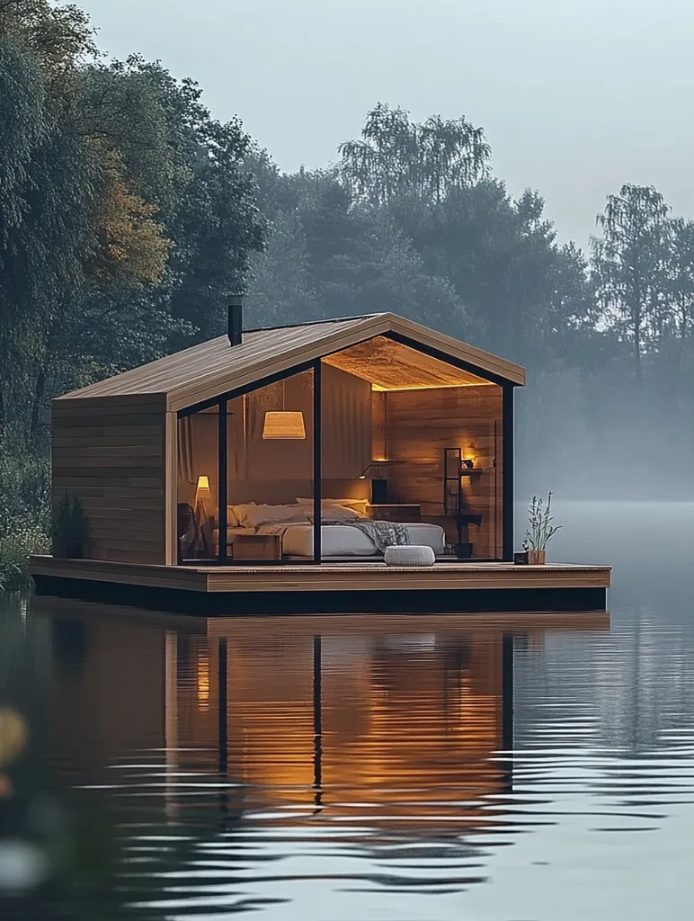 A small wooden cabin sits on a platform in a still lake. The cabin has large windows that offer a view of the bed inside. The cabin is lit from within, casting a warm glow on the water. The surrounding trees are obscured by fog, creating a peaceful and secluded atmosphere.