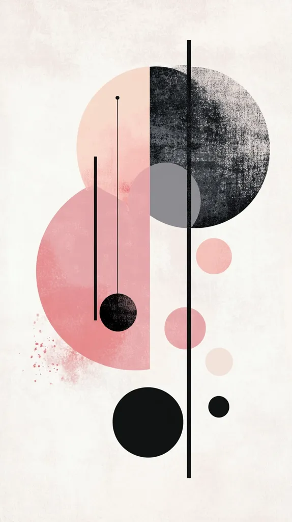 The image is a minimalist abstract design featuring a white background with black and pink geometric shapes.  Two large pink circles, one with a black circle hanging from a line, sit on top of a smaller black circle. There are smaller pink and black circles scattered around the piece. The shapes have a watercolor-like, slightly textured look.