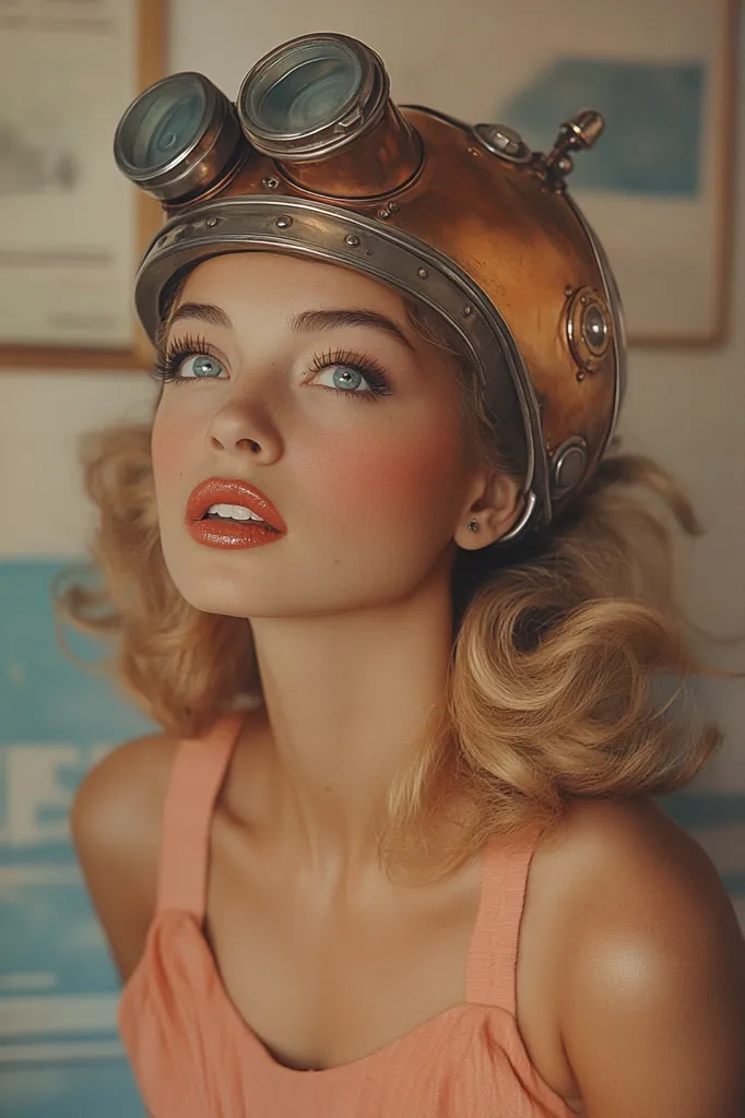 A young woman with blonde hair and rosy cheeks gazes upward with a curious expression. She wears a copper and silver helmet with goggles, a stylish accessory that suggests a vintage or futuristic theme. The woman's delicate features and soft lighting create a dreamlike, ethereal mood.  Her coral pink top adds a touch of femininity.  The background is blurred, focusing attention on the woman's face.
