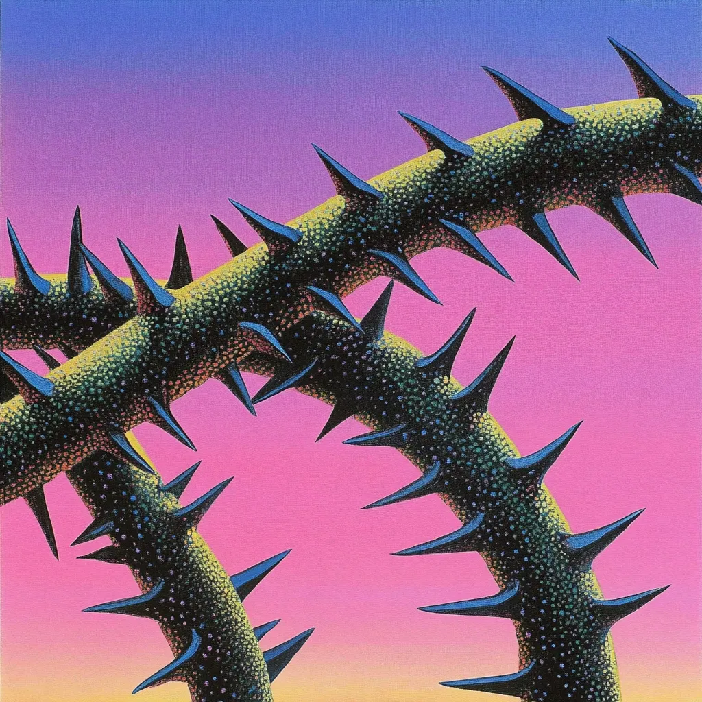 The image depicts two thorny stems of a rose bush, intertwined and reaching towards the top of the frame. The stems are a dark green, with sharp, pointed thorns in a deep blue. The background is a vibrant gradient, shifting from a deep purple to a bright pink. The sharp thorns and contrasting colors create a sense of danger and beauty.