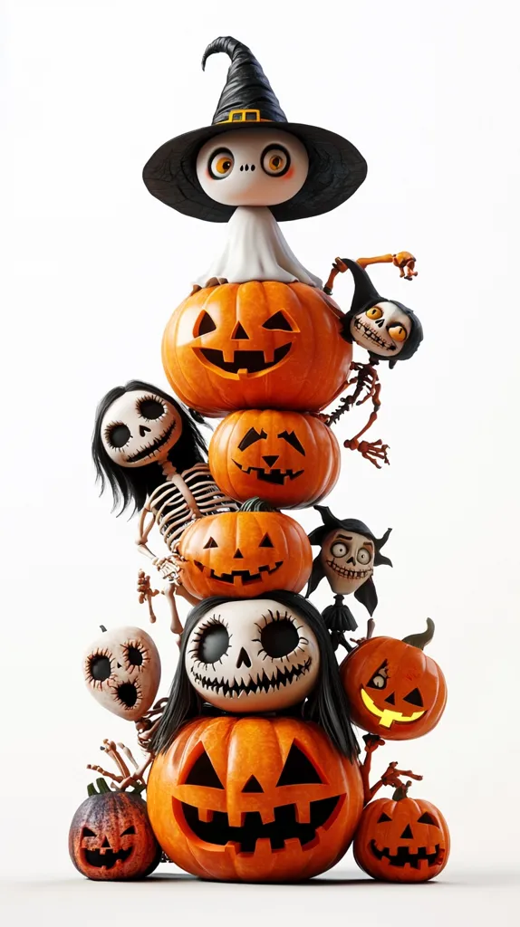 A stack of jack-o'-lanterns are piled high, with a ghost wearing a witch's hat on top. Various Halloween characters, including skeletons, ghosts, and a jack-o'-lantern with a scary face, are arranged around the stack. The image is set against a white background, creating a festive and spooky Halloween scene.