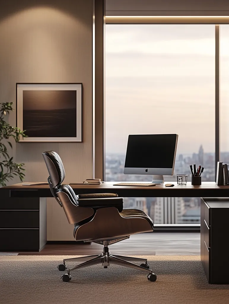 A modern office with a large window overlooking a city skyline. A sleek desk with a black leather office chair sits in the corner. The desk is made of dark wood and has a black drawer unit. A computer monitor and a stack of papers are placed on the desk. The office is decorated with a minimalist style and features a framed print on the wall. The overall mood is sophisticated and professional.