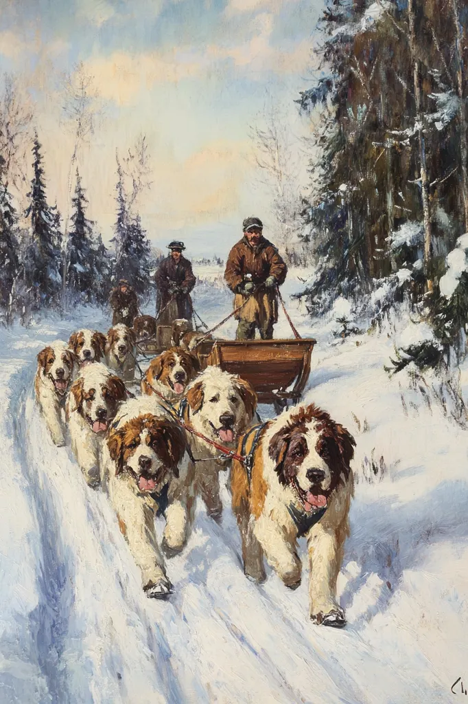 A group of men in winter attire are traveling through a snowy forest with a team of eight Saint Bernard dogs pulling a wooden sled. The dogs are harnessed and moving in a line, with their tongues lolling out and their heads held high. The men are walking behind the sled, which is carrying supplies. The scene is set in a winter wonderland, with snow-covered trees and a bright blue sky. The painting captures the beauty and power of these majestic dogs as they pull their load through the snowy landscape.