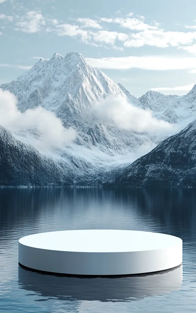 A minimalist scene featuring a white circular platform floating on a calm lake. The background showcases a breathtaking landscape of snow-capped mountains and clouds, creating a serene and ethereal ambiance. The platform, reflecting the sky and mountains, adds a sense of tranquility and invites viewers to imagine its purpose and potential.