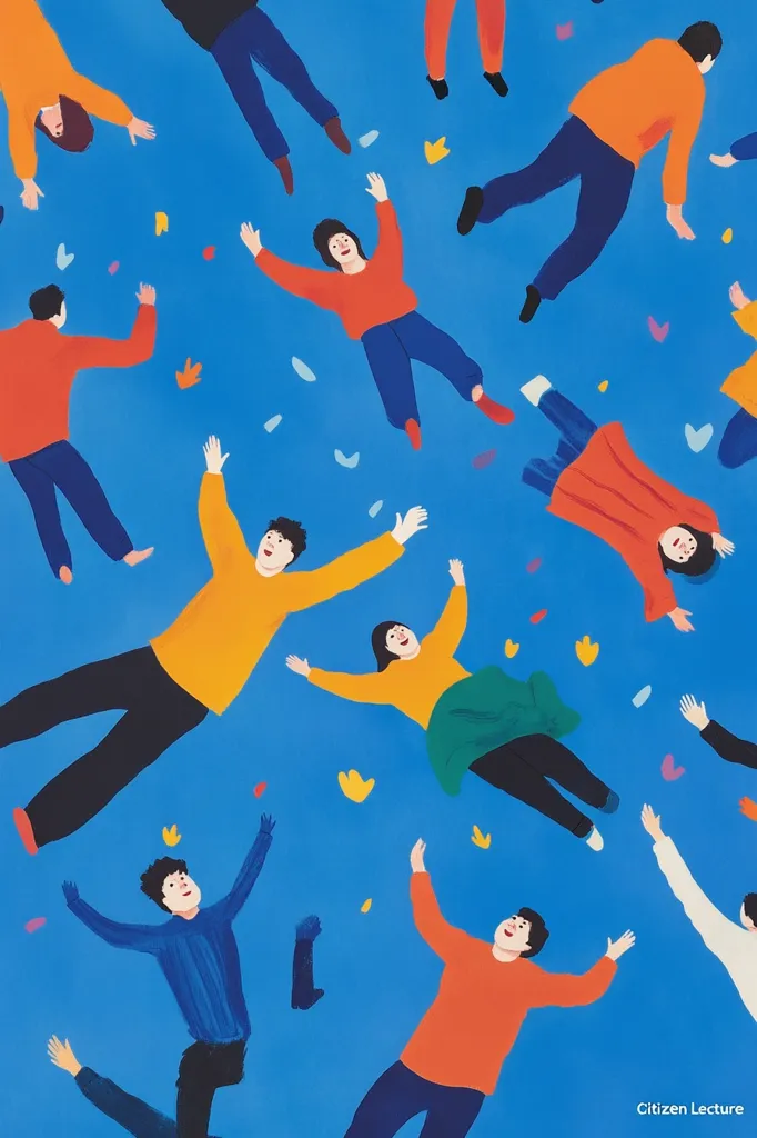 The image depicts a group of people, all in colorful clothing, floating in the air against a bright blue background. They are all smiling and appear to be enjoying themselves. Scattered around them are colorful shapes resembling flowers or leaves, creating a whimsical and joyful atmosphere. The image evokes a sense of freedom and happiness.  The text at the bottom of the image says "Citizen Lecture".