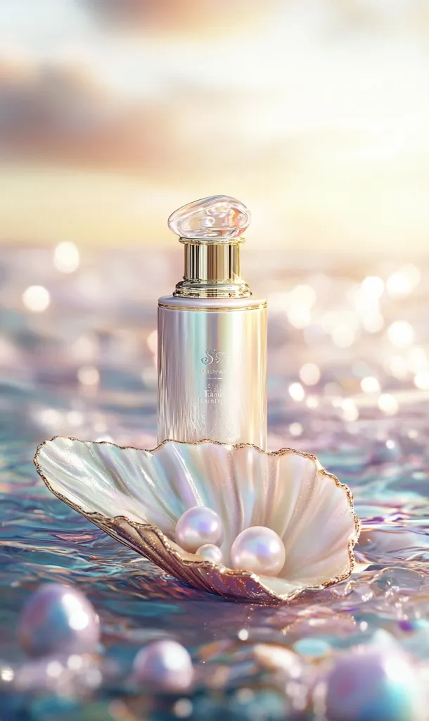 A luxurious bottle of perfume, adorned with a golden cap, rests on a pearl-encrusted seashell. The bottle's iridescent surface reflects the soft, golden light of the setting sun. The shell, partially submerged in shimmering water, holds three pearls, adding to the sense of opulence and tranquility. The image evokes a feeling of luxury, beauty, and the serenity of the sea.