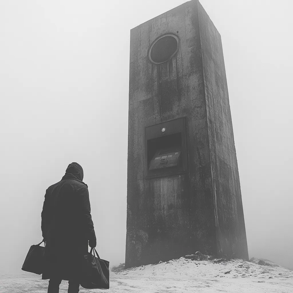 A solitary figure walks towards a tall, rectangular concrete structure with a circular window and a small door. The scene is enveloped in a thick fog, giving the image a mysterious and eerie atmosphere. The figure carries two bags, adding to the sense of enigma. The stark black and white palette emphasizes the minimalist composition and creates a sense of isolation. The image evokes a feeling of loneliness and the unknown.