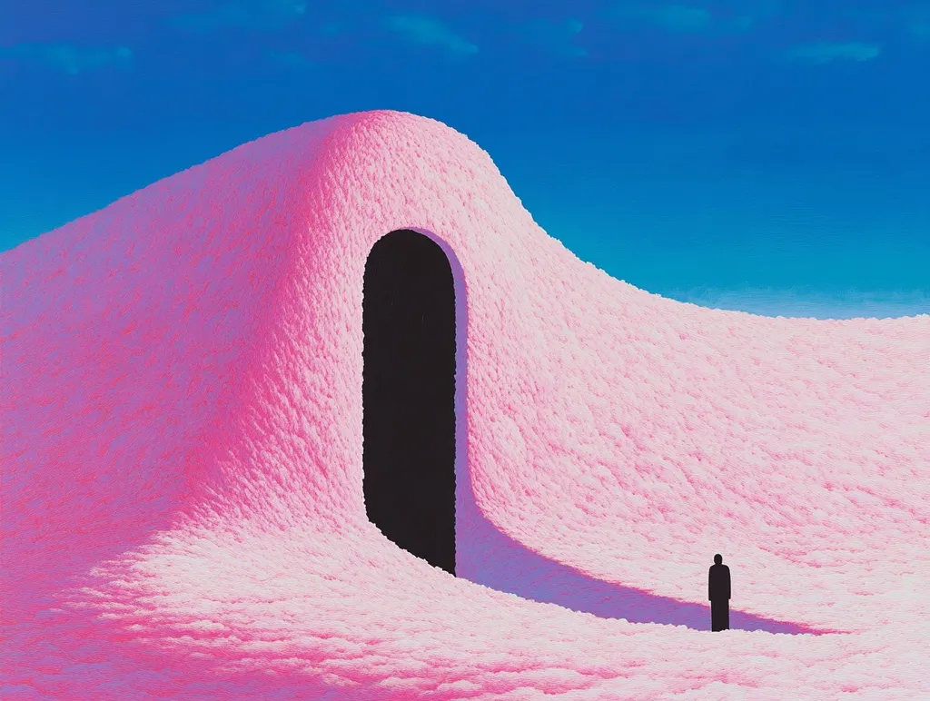 The image depicts a surreal landscape with a large, curved pink structure. A dark, arched opening in the structure leads to a mysterious, shadowed interior. A lone figure stands at the entrance, gazing into the unknown. The sky above is a vibrant blue, suggesting a sense of wonder and possibility. The overall effect is dreamlike and otherworldly, inviting viewers to contemplate the nature of reality and the unknown.