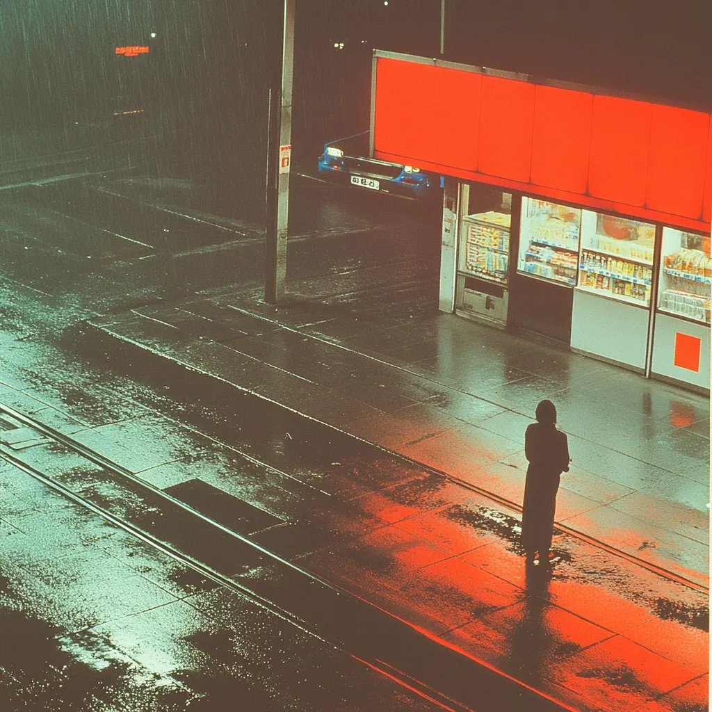 A lone figure stands on a wet street in the rain, illuminated by a red glow reflecting off a nearby building. The building has a large red sign and windows filled with merchandise. A car is parked nearby, and the street is wet and reflective, creating a moody atmosphere. The image captures a sense of solitude and the stillness of a rainy night.