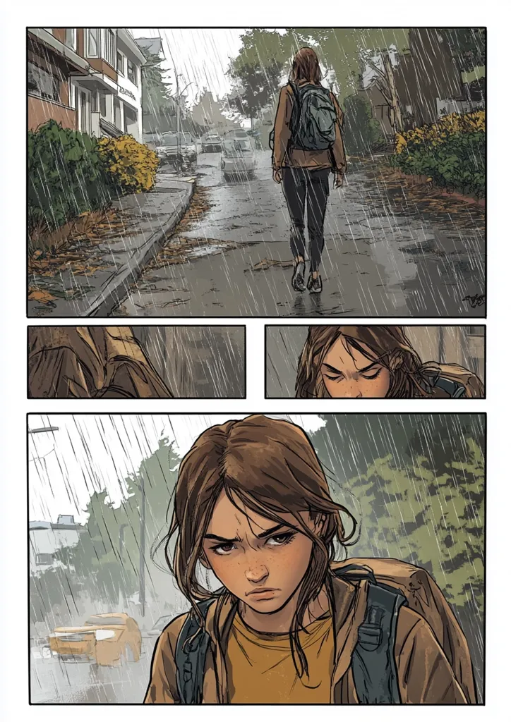 The image is a comic book panel depicting a young woman walking in the rain.  She is wearing a brown jacket and a backpack and has a determined expression on her face.  The panel is divided into three sections, showing the woman from different angles. The top section shows her walking away from the viewer down a wet street. The middle two panels show close ups of her face. The image has a dark and moody feel, with the rain falling heavily and the woman's expression suggesting that she is facing a difficult situation.  The panel also features a few cars in the background and some trees.