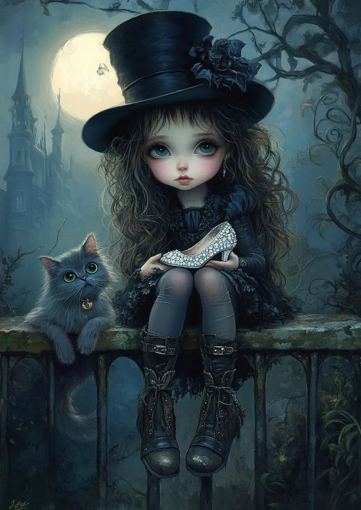 A young girl with large, expressive eyes sits on a stone railing, holding a silver slipper in her hands. She is wearing a black dress and boots, and a top hat adorned with a black flower. The setting is nighttime, with a full moon and a dark, overgrown forest in the background. A gray cat with green eyes sits beside her, looking at the viewer.  The image evokes a sense of mystery and magic, with a fairytale-like feel.