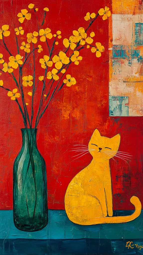 The painting features a yellow cat with its eyes closed, sitting on a teal table. Behind the cat is a red wall with a green vase of yellow flowers. The wall has some abstract shapes painted on it, giving it a textured look.  The background includes some colorful shapes, adding to the abstract feel of the piece.  The vibrant colors and simple lines make the painting whimsical and cheerful.