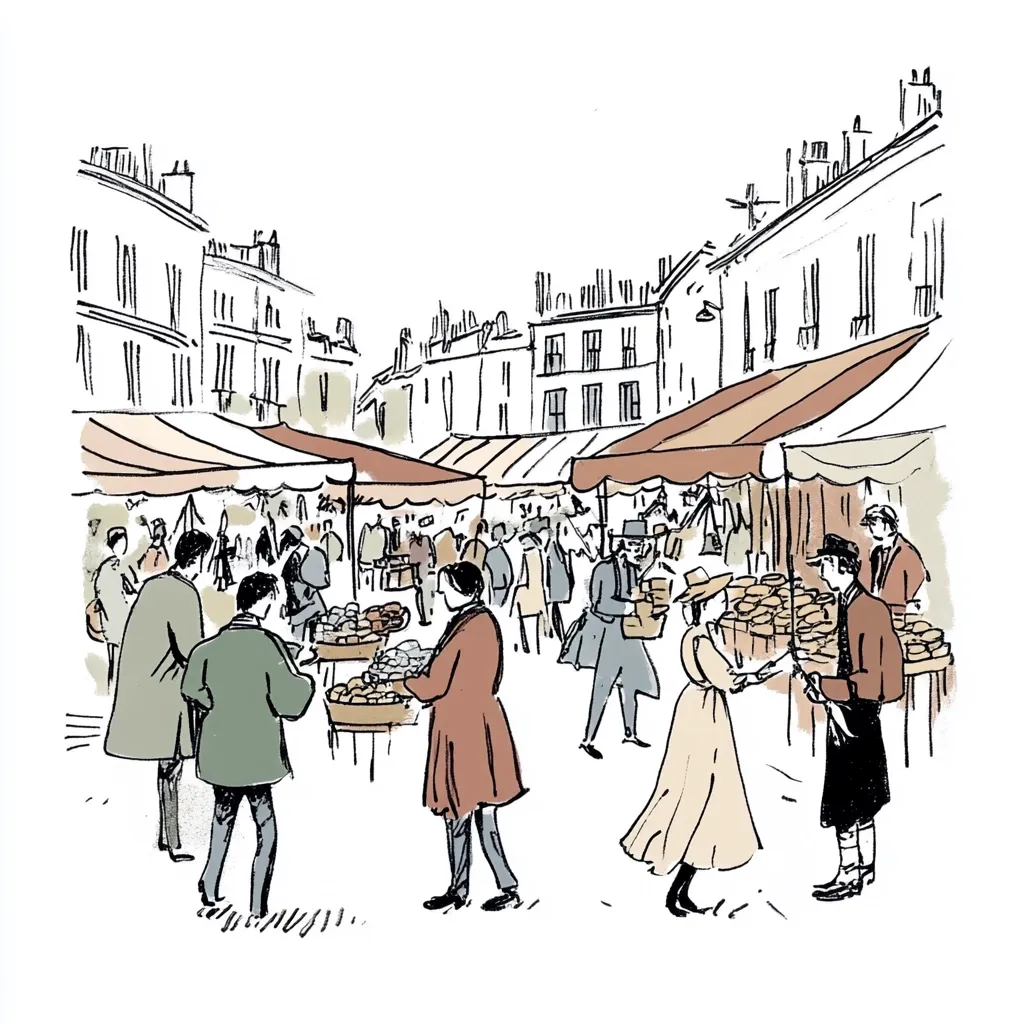 A busy market scene with several stalls selling various goods, likely food. A mix of people are shopping, browsing, and chatting. The scene is drawn in a sketchy style, capturing the hustle and bustle of a bustling market. It depicts a moment in time, filled with activity and the energy of commerce.