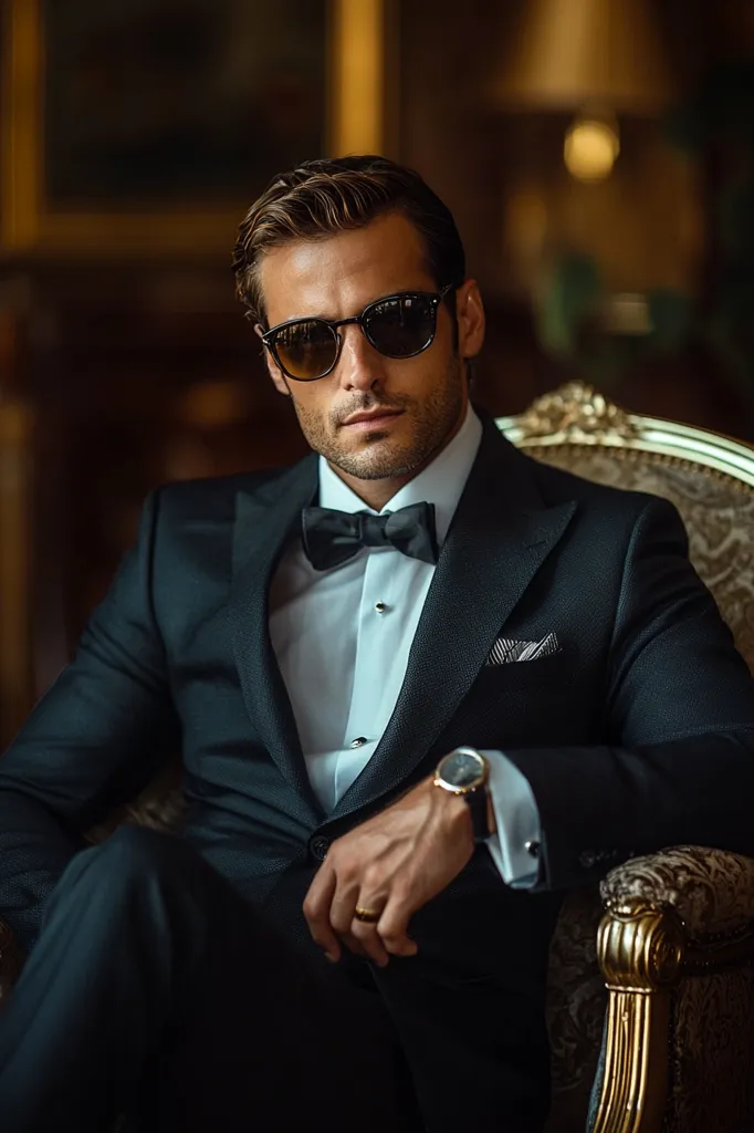 A man in a black tuxedo and bow tie sits in a plush, gold-accented armchair. He wears dark sunglasses and a gold watch. The image conveys a sense of sophistication and elegance. The lighting creates a dramatic and moody atmosphere.  The man's relaxed yet composed posture suggests confidence and authority.  The background is blurred, focusing attention on the subject.