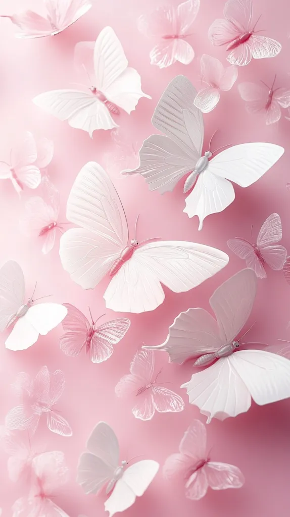 The image depicts a delicate and dreamy scene of white butterflies fluttering against a soft pink background. The butterflies are arranged in a random pattern, creating a sense of movement and lightness. The image is reminiscent of a gentle breeze carrying delicate wings through the air. The soft pastel colors enhance the ethereal and feminine quality of the scene.  The overall effect is one of beauty and tranquility, suggesting a sense of peace and serenity.