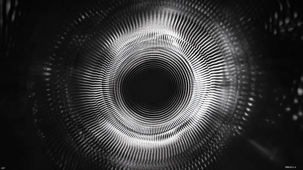 The image is a black and white abstract design. It features a swirling pattern that resembles a tunnel or a vortex. The center of the image is a black hole, while the outer edges are composed of concentric circles of white lines that create a mesmerizing visual effect. The design is reminiscent of a futuristic or technological concept.  The image is minimalist, with no other elements to distract from the pattern.