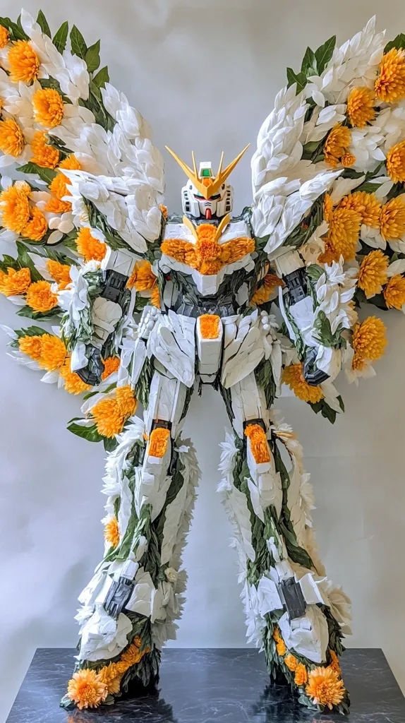 The image depicts a robot, made entirely of flowers. The robot is standing upright with its arms extended to the side. It is made of white flowers and green leaves, with orange flowers adorning its body. The robot is standing on a black surface, and there is a white background. The image is a creative and unique representation of a robot using natural materials.
