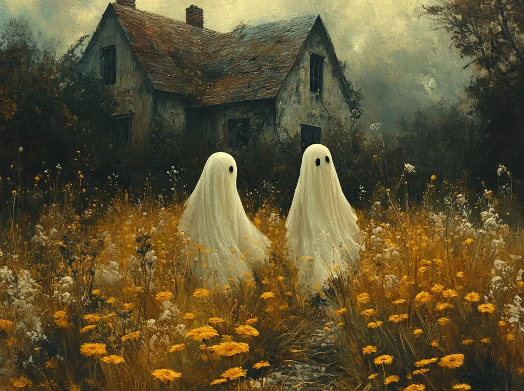 Two white, translucent ghosts stand in a field of yellow wildflowers in front of an old, abandoned house. The ghosts have dark, circular eyes and their flowing, ethereal forms seem to blend into the surrounding greenery. The house is weathered and gray, with a dark roof and a single window. The scene is painted in a hazy, atmospheric style, creating a sense of mystery and otherworldliness.
