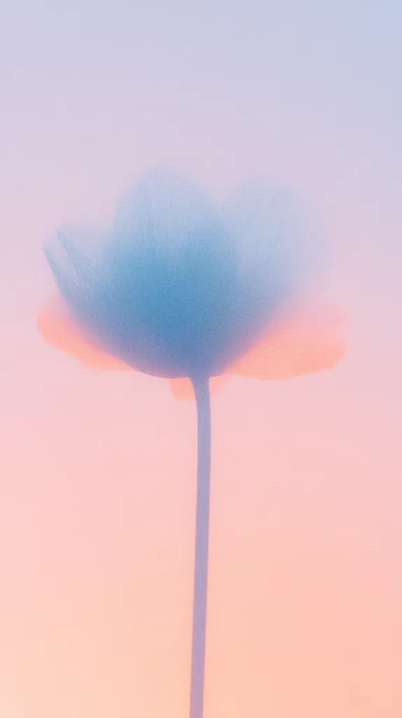 The image shows a single, delicate flower with a soft blue hue, standing tall against a backdrop of a dreamy, pastel pink and blue sky. The flower's petals are blurred, creating a hazy and ethereal look, reminiscent of a watercolor painting. The overall mood is tranquil and serene, evoking a sense of peace and quiet contemplation.