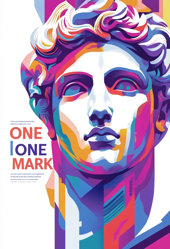 The image features a vibrant, abstract portrait of a person with a strong, defined jawline. Their eyes are large and expressive, with a focused gaze. The artwork uses bold, colorful geometric shapes and lines to create a dynamic and impactful image, emphasizing the subject's intensity. The text "ONE IONE MARK" is prominent, suggesting a name or brand identity. The overall design is contemporary and eye-catching.