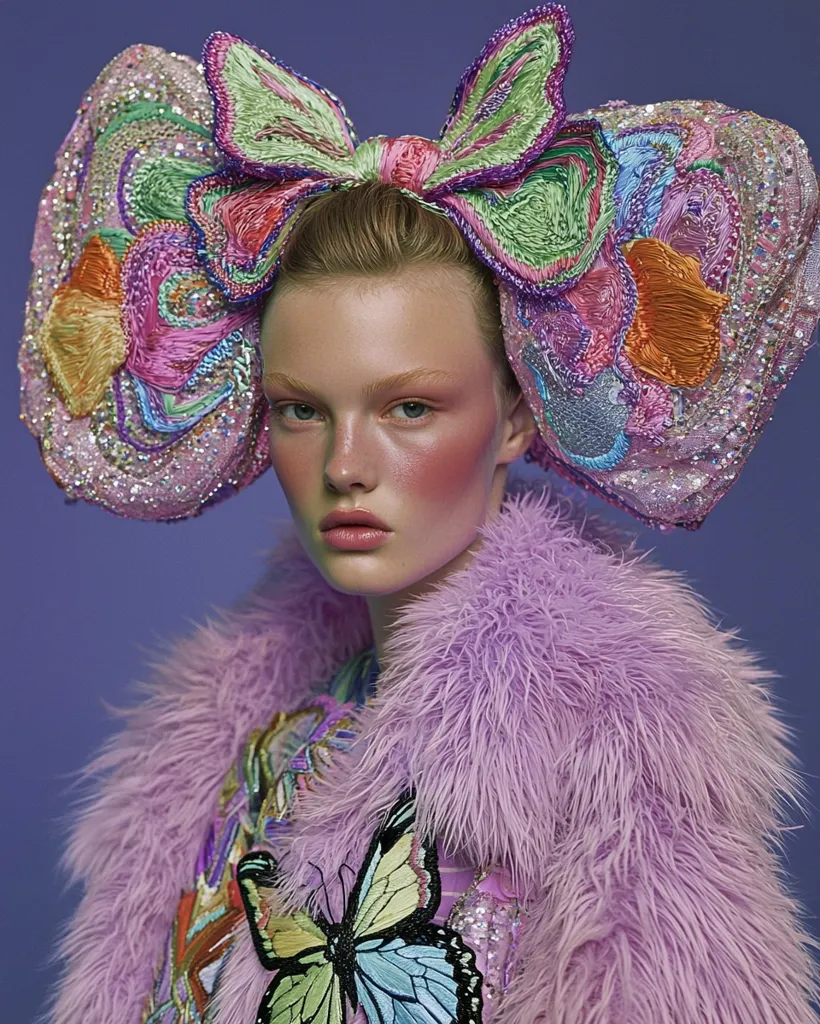 A young woman with fair skin and light brown hair is wearing a large, colorful butterfly-shaped headpiece with sequins and embroidery. Her makeup features rosy cheeks and a nude lip. The model is wearing a lavender fur coat over a brightly patterned dress with a large butterfly applique on the chest. The background is a pale lavender.