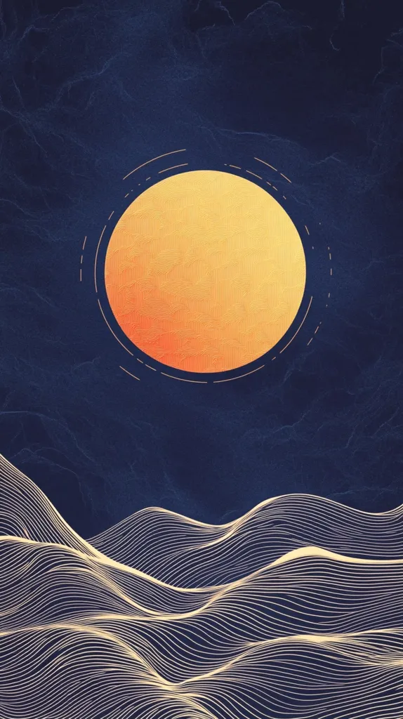 The image is a minimalist abstract design with a large, circular, yellow-orange sun in the center of a dark blue background.  The sun is outlined with thin, gold lines.  The lower portion of the image contains delicate gold lines that resemble rolling hills or waves. The image has a serene and calming feel.  The simplicity of the design creates a sense of tranquility.