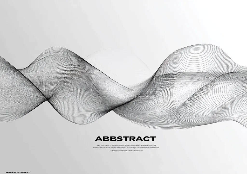 The image is a minimalist abstract design with a flowing, wavy pattern in black against a white background. It has a modern, tech-inspired aesthetic and uses thin lines to create a sense of movement and depth. The word "ABSTRACT" is placed in the bottom center, with some text below. The image is clean and simple, making it suitable for a variety of design applications.