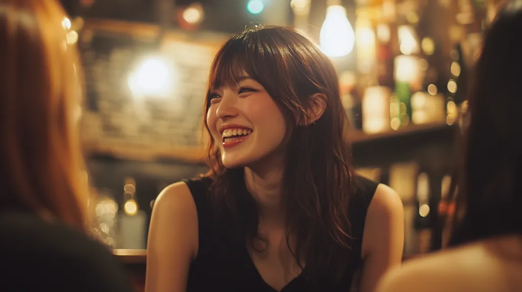 A woman with long brown hair and bangs is laughing and looking off to the side, while sitting in a bar. She has a warm glow on her face and appears to be enjoying herself, likely engaged in a conversation with someone out of frame. The dimly lit bar setting is characterized by warm lighting and a blurred background of liquor bottles.  The image captures a moment of joy and connection in a casual setting.