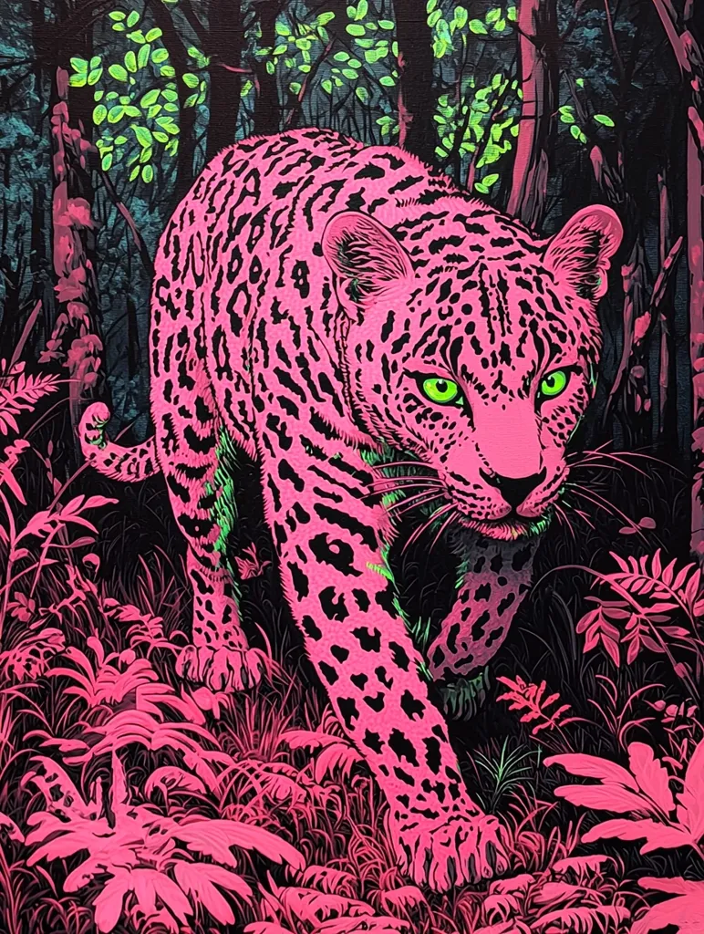 A pink jaguar with black spots stalks through a dark forest.  The jungle is illuminated by a strange, neon glow, with the leaves and flowers a vibrant pink and the jaguar's eyes glowing green.  The jaguar's head is tilted, as if listening intently to something in the distance.  The forest is dense and lush, with tall trees and dense undergrowth.  The overall effect is eerie and magical.